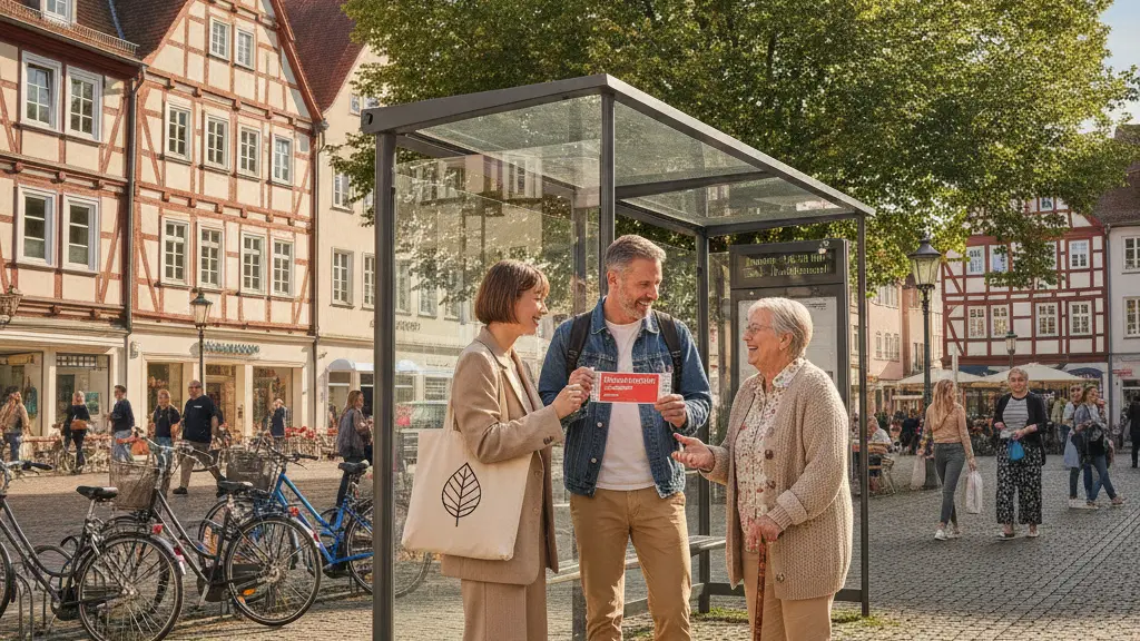 A diverse group of three individuals at a bus stop in a vibrant German city, highlighting community and connection through the use of public transport. The central figure, a woman with a tote bag, is smiling at her smartphone, while a man proudly shows his Deutschlandticket. A senior citizen engages in conversation. The backdrop features historic architecture, modern transport elements, and lush greenery under a bright blue sky.