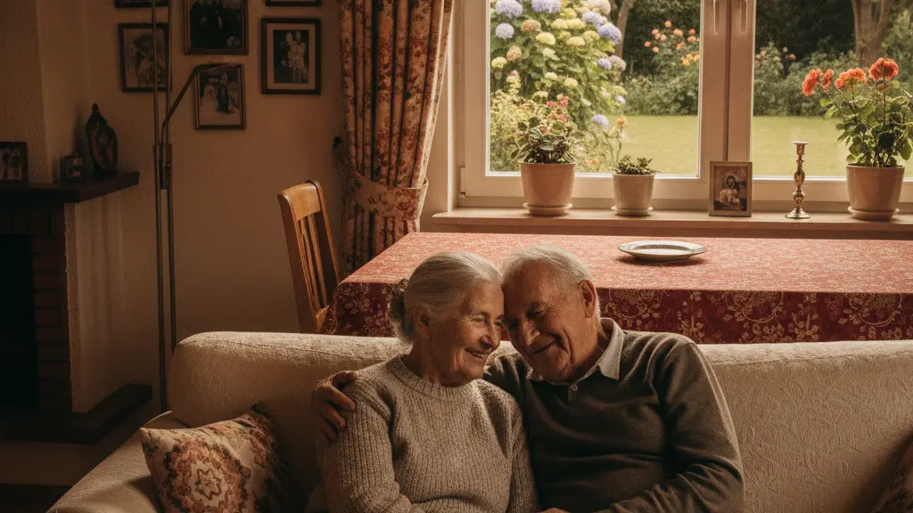 An elderly couple smiling in their cozy living room, surrounded by warm lighting and elements of a traditional German home, symbolizing love and security in challenging times.