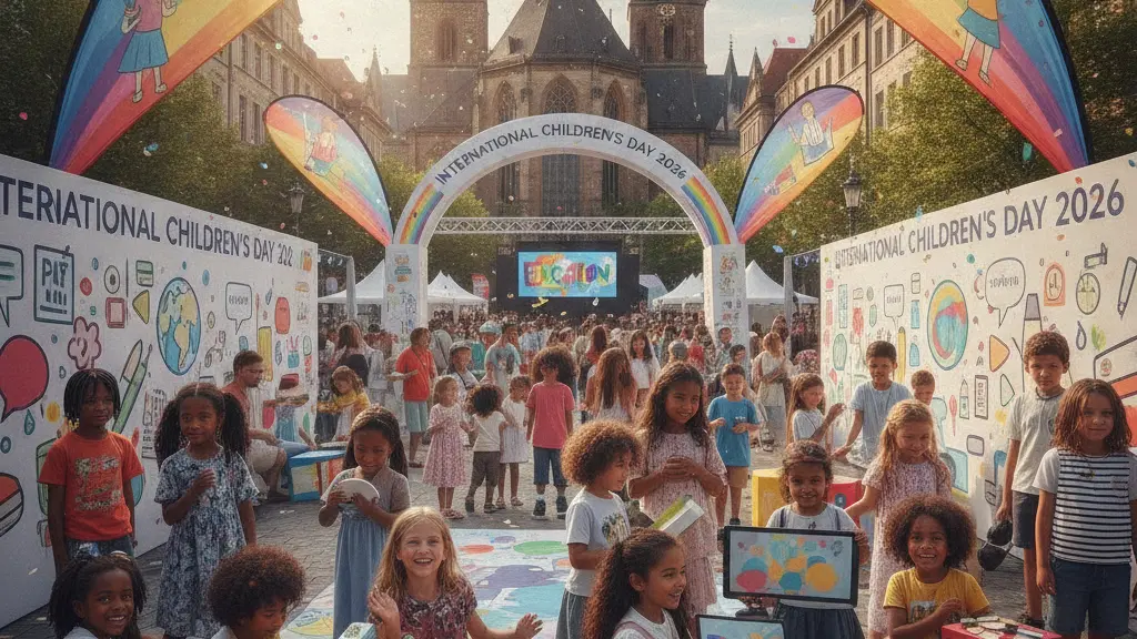 A vibrant festival scene celebrating International Children's Day 2026 in Leipzig, featuring a diverse group of joyful children engaged in creative educational activities, with recognizable Leipzig architecture in the background
