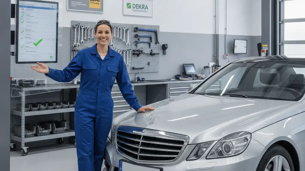 A confident woman in a mechanic's jumpsuit stands next to a well-kept car in a bright automotive workshop, exuding trust and optimism, with tools and subtle elements reflecting German automotive culture in the background, symbolizing the importance of informed decision-making in vehicle maintenance.