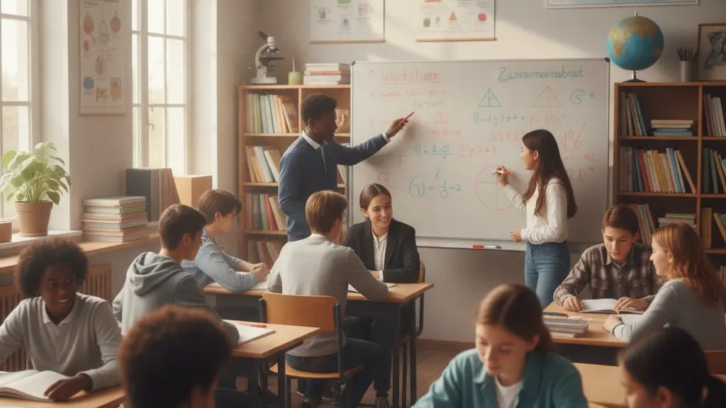 A diverse group of 15-year-old students in a vibrant German classroom, engaged in math and reading activities, with expressions of curiosity and enthusiasm. The setting includes a whiteboard filled with educational elements, symbolizing collaborative learning and hope for the future.