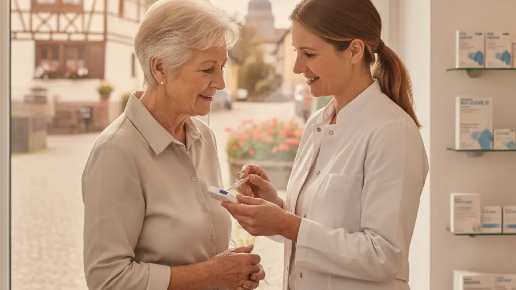 A hyper-realistic image depicting a compassionate female pharmacist in a white coat gently explaining the use of a home rapid test kit to an elderly female patient in a modern, sunlit German pharmacy. Through a large window, a blurred view of a traditional German village with half-timbered houses and a church spire is visible. The scene emphasizes accessible, community-focused healthcare and support, with a warm, optimistic atmosphere.