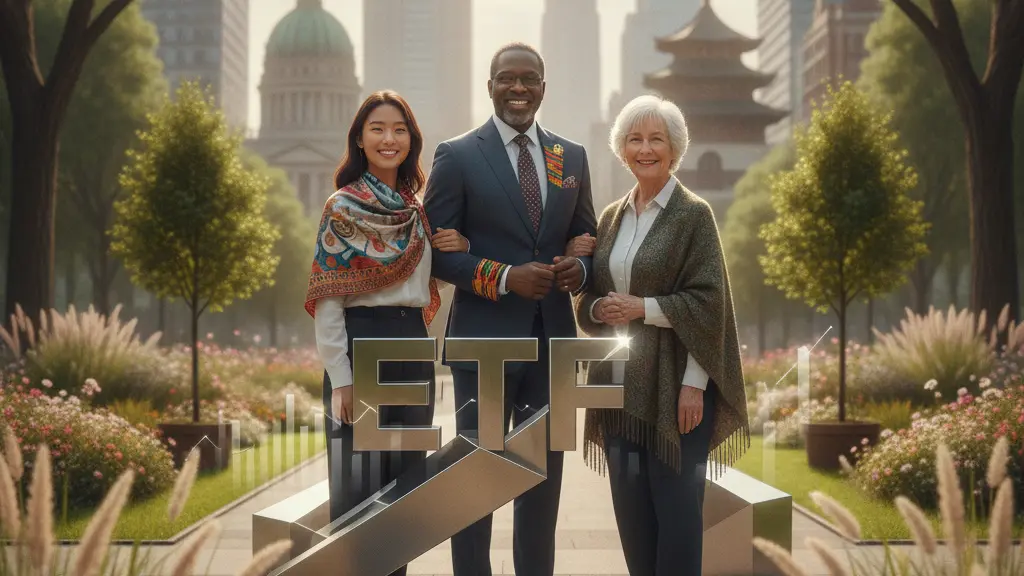 A diverse group of three individuals in a vibrant urban park, symbolizing empowerment in financial strategies. They display positive expressions, wearing smart-casual attire that reflects their cultural backgrounds, with a modern cityscape in the background, representing the concept of passive income through ETFs.