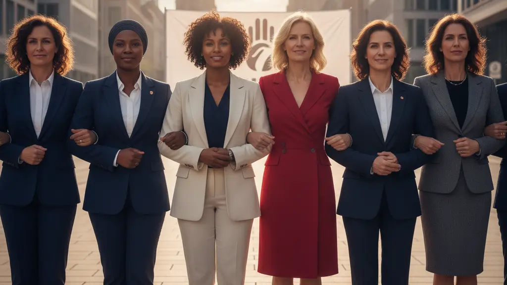 A diverse group of women in professional attire standing confidently in an urban setting, symbolizing empowerment and solidarity in the context of domestic violence reform in Germany.