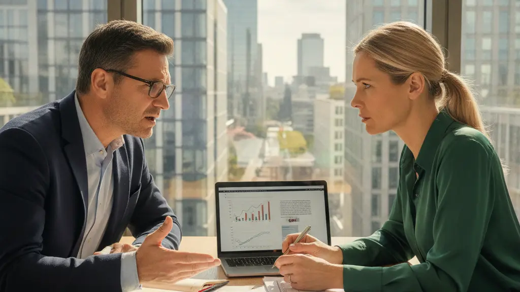 A thoughtful discussion between a male and female in a modern office setting about care insurance reforms, surrounded by documents and a laptop against a backdrop of a contemporary cityscape.