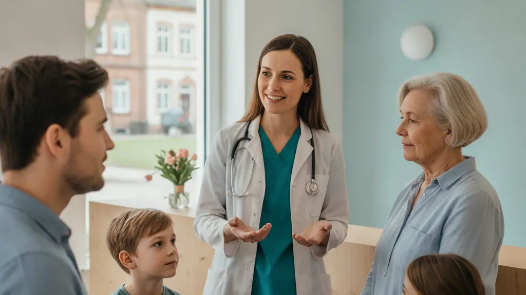 An ultra-realistic image depicting a compassionate female General Practitioner (GP) with a kind smile, engaging warmly with a trusting senior woman, a hopeful young adult, and a curious child in a brightly lit, modern health clinic. The scene, set in Euskirchen, Germany, features clean architecture and a glimpse of a tree-lined park through a large window, conveying a message of accessible, community-focused healthcare and well-being.