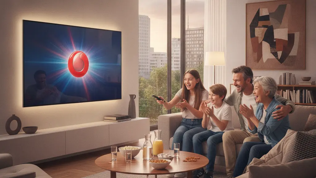 A diverse family happily engaging in a lively discussion in a modern living room, centered around a sleek television displaying the Vodafone logo, showcasing the excitement of an upcoming cable upgrade.