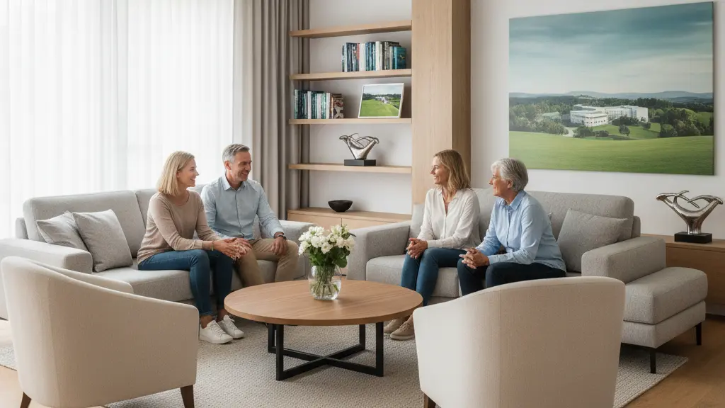 A diverse family gathering in a modern living room, smiling and engaging in conversation, symbolizing unity and the positive impact of healthcare reforms, with contemporary furnishings and elements of German architecture in the background.