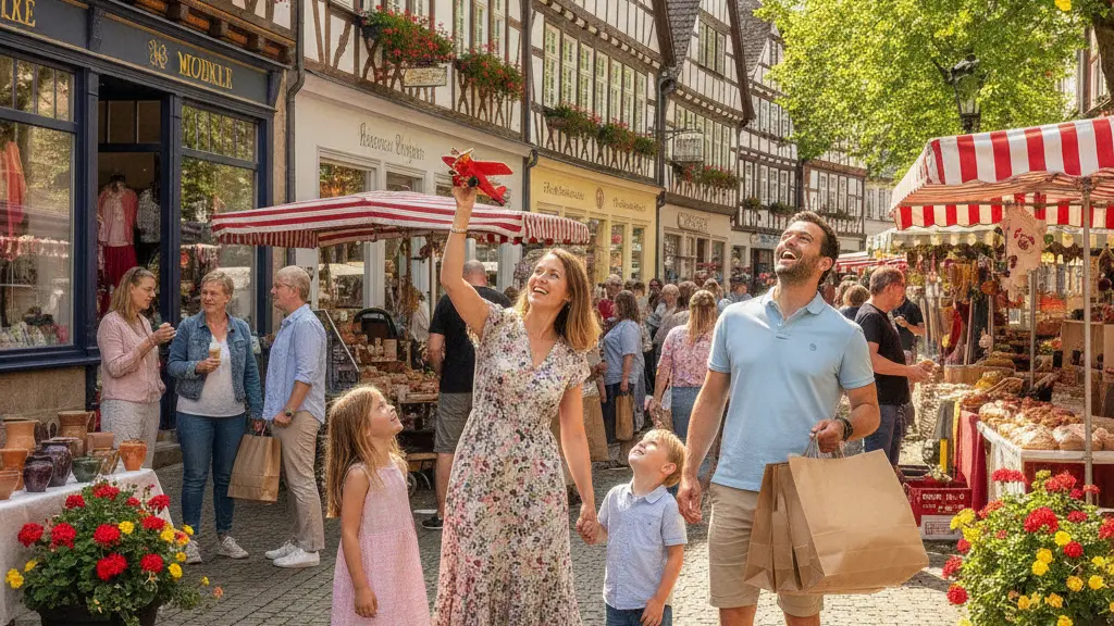 A happy family enjoying a Sunday shopping event in Nordrhein-Westfalen, Germany, surrounded by vibrant storefronts and cheerful shoppers, capturing the lively atmosphere of the occasion.