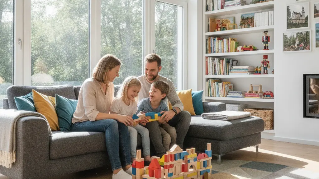 A family of four joyfully engages in playful activities in a modern living room, radiating warmth and togetherness, with cultural elements that reflect German heritage subtly integrated into the scene.