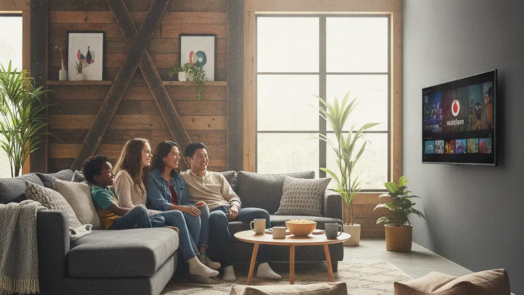 A diverse family joyfully watching TV together in a modern living room, representing togetherness and cultural identity, with warm lighting and contemporary decor.
