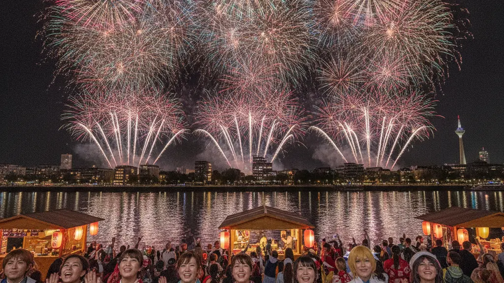 A vibrant scene of a diverse crowd in traditional Japanese attire watching a grand fireworks display over the Rhine River during Japan Day in Düsseldorf. The image captures the excitement and cultural celebration as colorful fireworks illuminate the night sky and reflect on the water.