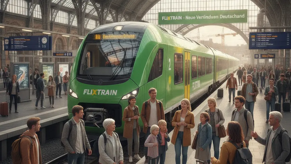 A modern green Flixtrain at a busy German railway station, with diverse passengers smiling and engaging, surrounded by recognizable features of the station and bright, welcoming lighting, symbolizing the expansion of rail services.