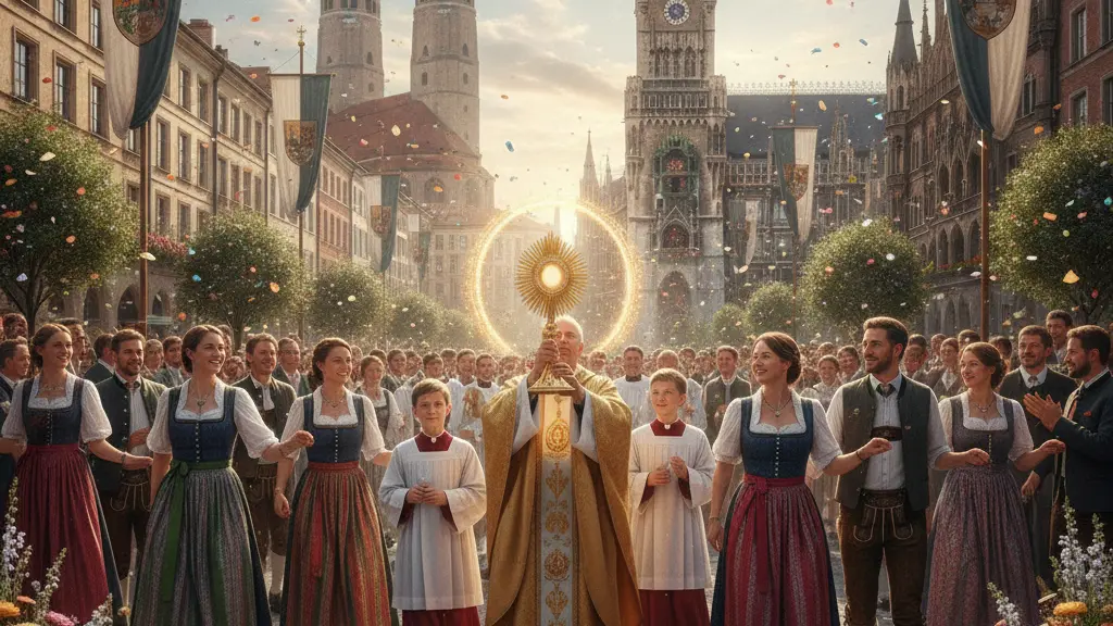 A joyful Fronleichnam procession in Munich, featuring diverse participants in traditional Bavarian attire, a priest holding a golden monstrance, and iconic Munich architecture in the background.
