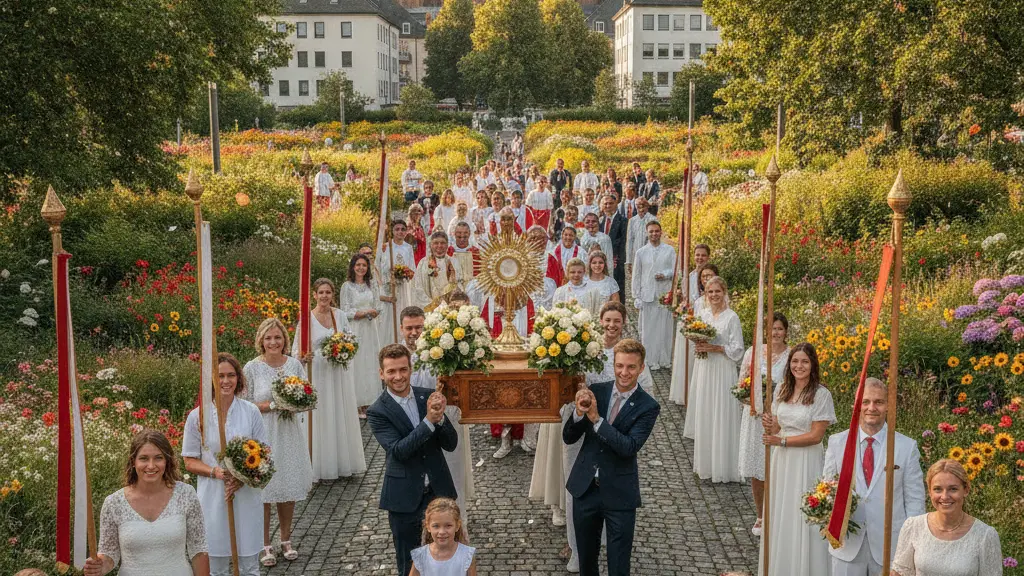 A joyous Fronleichnam celebration in Neuss, Germany, featuring diverse participants in a vibrant procession with families and children in traditional white garments, an adorned altar, and the Quirinus Basilica in the background, capturing the essence of community and faith.