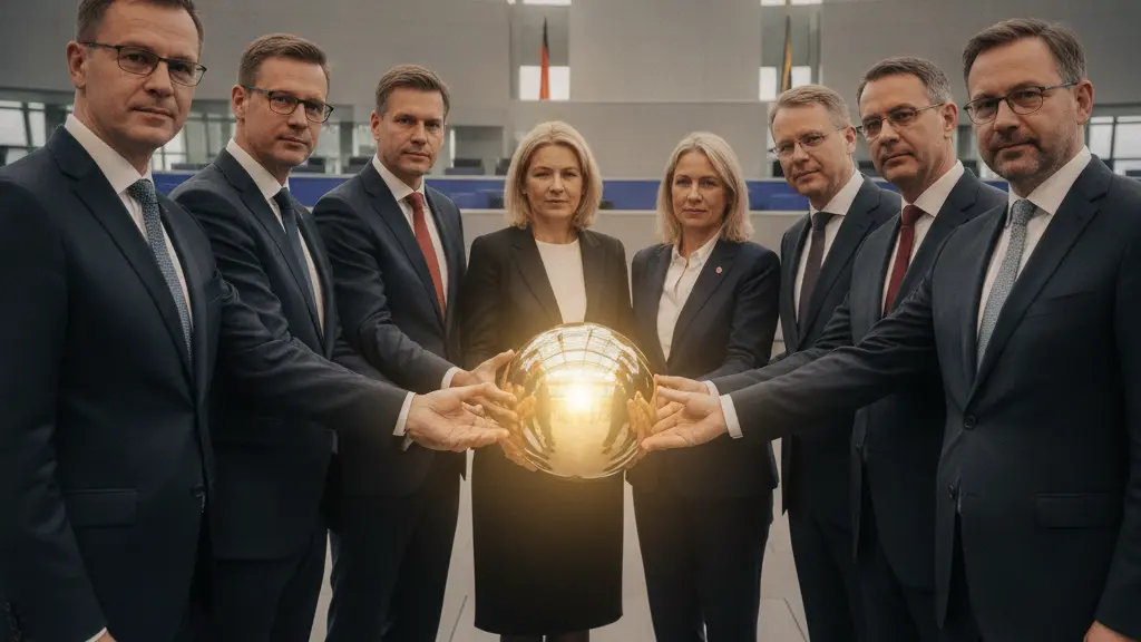 A highly realistic, centered image inside the German Bundestag's plenary hall, showing a diverse group of parliamentarians standing in a curved formation. Their faces reflect earnestness and empathy as they gaze at a symbolically glowing element at the center, representing hope and their shared commitment to safeguarding the nation's vulnerable youth. The Reichstag's iconic architecture is visible in the naturally lit background, conveying unity and a hopeful future for Germany.