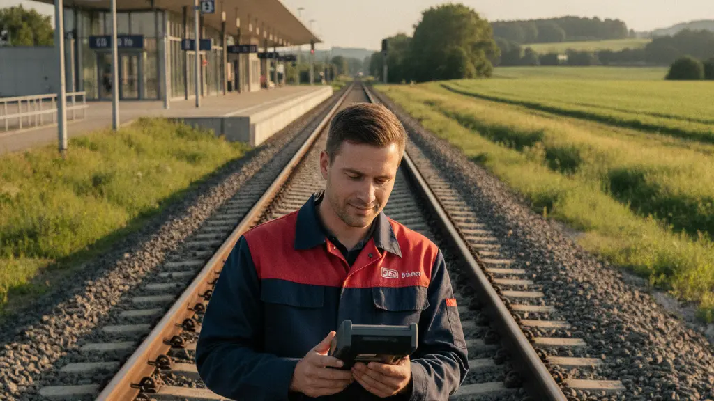 An ultra-realistic, photorealistic image of a dedicated German Deutsche Bahn rail technician, wearing a modern dark blue uniform, meticulously inspecting a railway track near Hannover with a diagnostic tool. The technician is centrally positioned and focused, confirming track integrity with a calm, expert expression. In the background, green Niedersachsen countryside or subtle modern German train station architecture is visible under warm, golden light. The scene emphasizes professional competence, resilience, and the smooth functioning of essential infrastructure, without any text or overlays.
