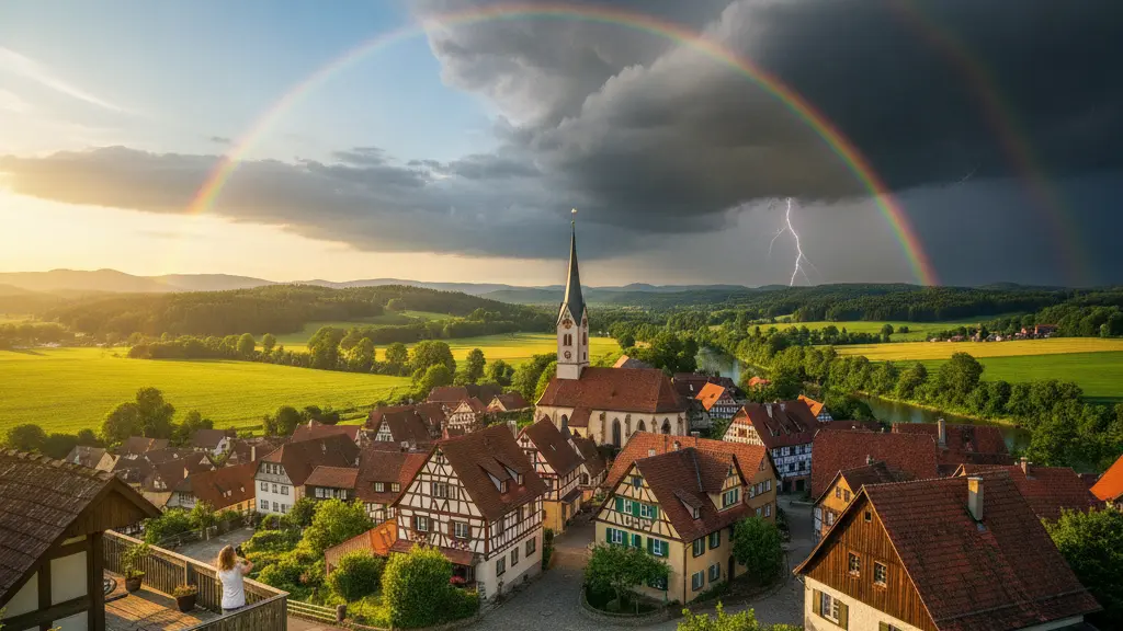 A hyper-realistic, high-resolution image of a picturesque traditional German village nestled in rolling green hills under a sky that simultaneously shows a clear, intensely sunny summer heatwave on one side and dramatic, turbulent storm clouds with a vibrant rainbow on the other. People are calmly observing the weather from traditional half-timbered houses, highlighting resilience and the powerful beauty of nature. The image features classic German architecture and lush landscapes, with no text or overlays.