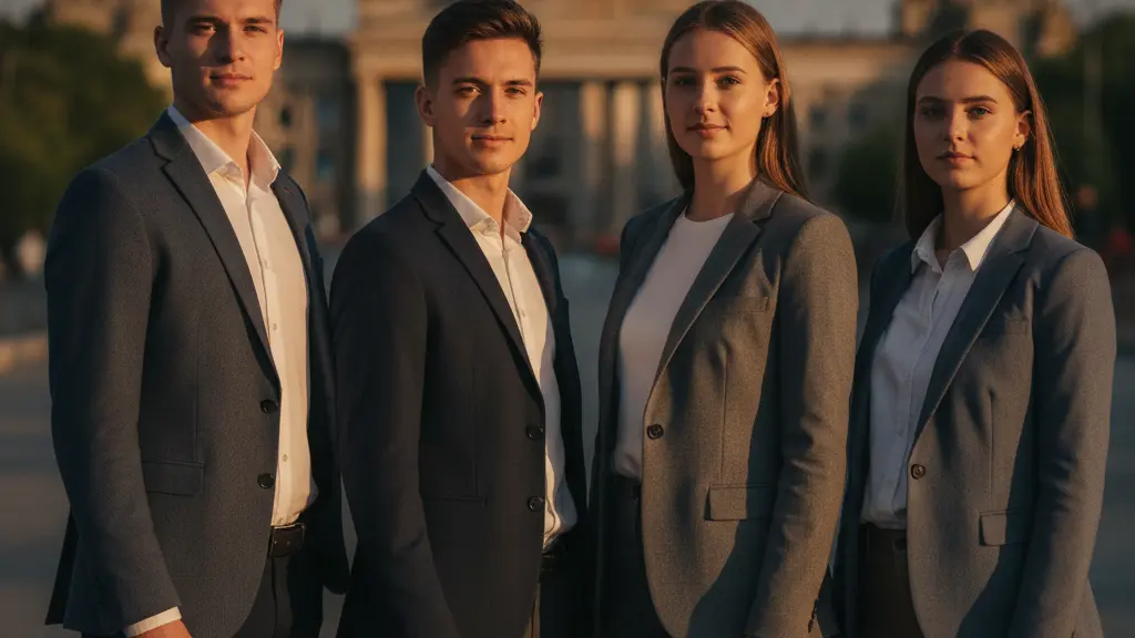 An ultra-realistic, cinematic photograph captured during golden hour, depicting a diverse group of four young German adults (two men, two women) standing proudly and optimistically shoulder-to-shoulder in a modern, sun-drenched German city square. Their confident expressions and smart-casual attire convey a sense of national unity and civic responsibility. In the softly blurred background, an iconic German architectural landmark, such as the Brandenburg Gate or Reichstag Dome, provides unmistakable contextual cues. The image is professionally composed, clean, and evokes hope for a shared, prosperous future.