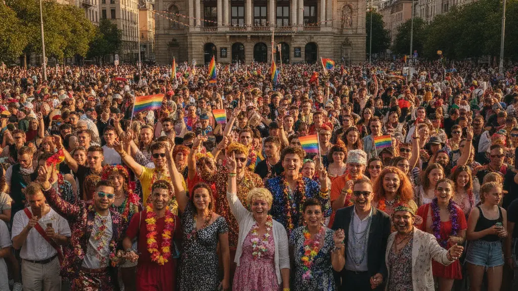 A diverse group of joyful participants celebrating at the Hannover Pride Parade 2026, with colorful outfits, rainbow flags, and the Hannover Opera House in the background, radiating positivity and inclusivity.