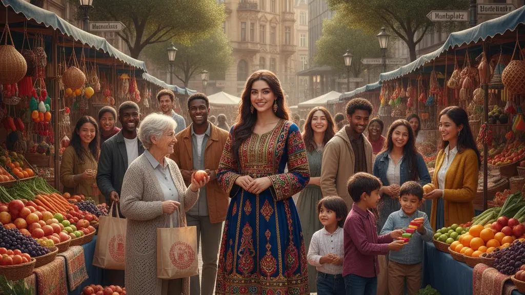 A young Afghan woman in a vibrant street market in Germany, surrounded by diverse individuals joyfully interacting, showcasing a multicultural community with traditional Afghan dress and local produce, under soft afternoon sunlight.