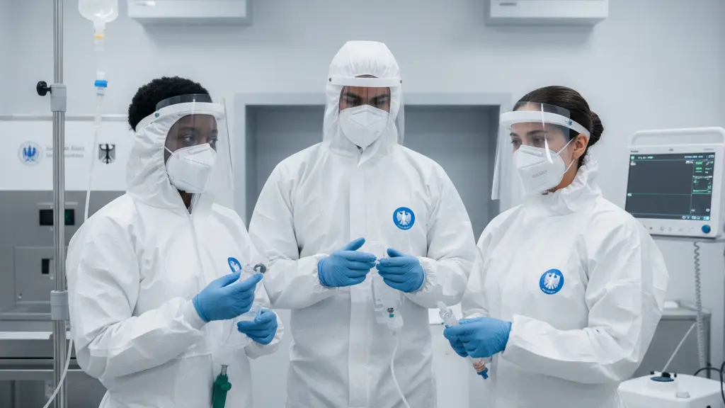 A diverse medical team in protective gear stands in a modern German isolation unit, preparing to treat an Ebola patient, showcasing determination and compassion.