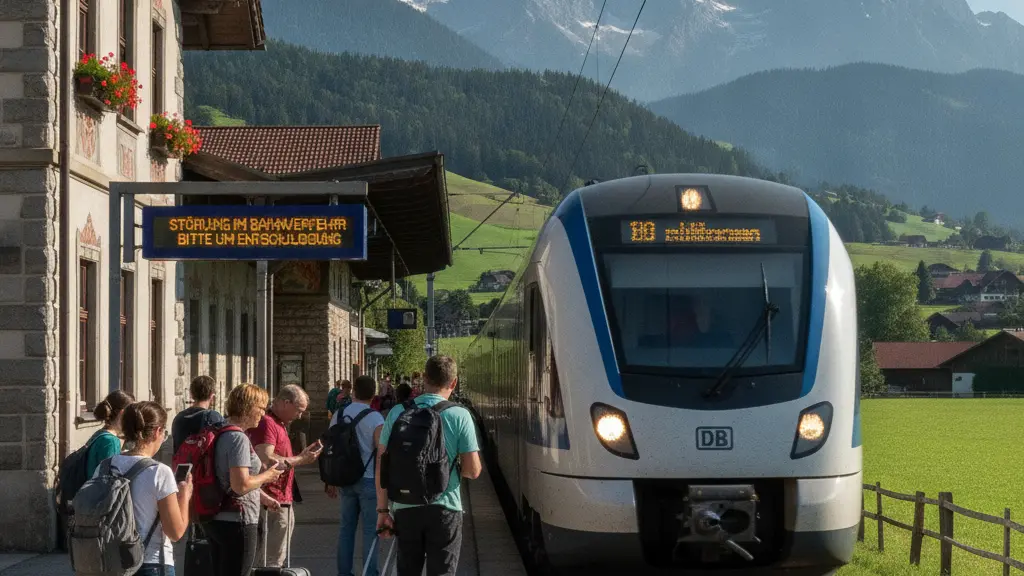 A scenic view of Immenstadt train station in the Allgäu region, showcasing a modern train approaching the platform with passengers waiting, set against traditional Bavarian architecture and rolling hills in the background, representing resilience during train service disruptions.