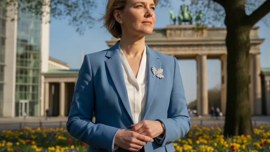 A modern German politician in professional attire stands thoughtfully in an urban park, with iconic German architecture in the background. The scene is illuminated by soft sunlight filtering through green leaves, symbolizing resilience and hope.