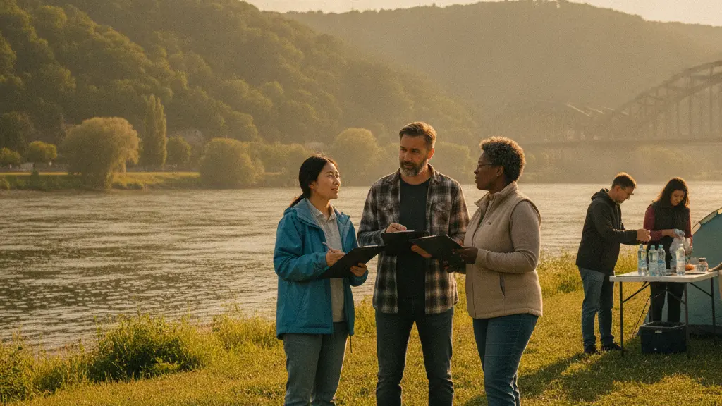 Three diverse volunteers discussing and organizing a search mission by the serene Rhine River, with lush greenery and the silhouette of the Hohenzollern Bridge in the background, capturing a scene of community support and hope.