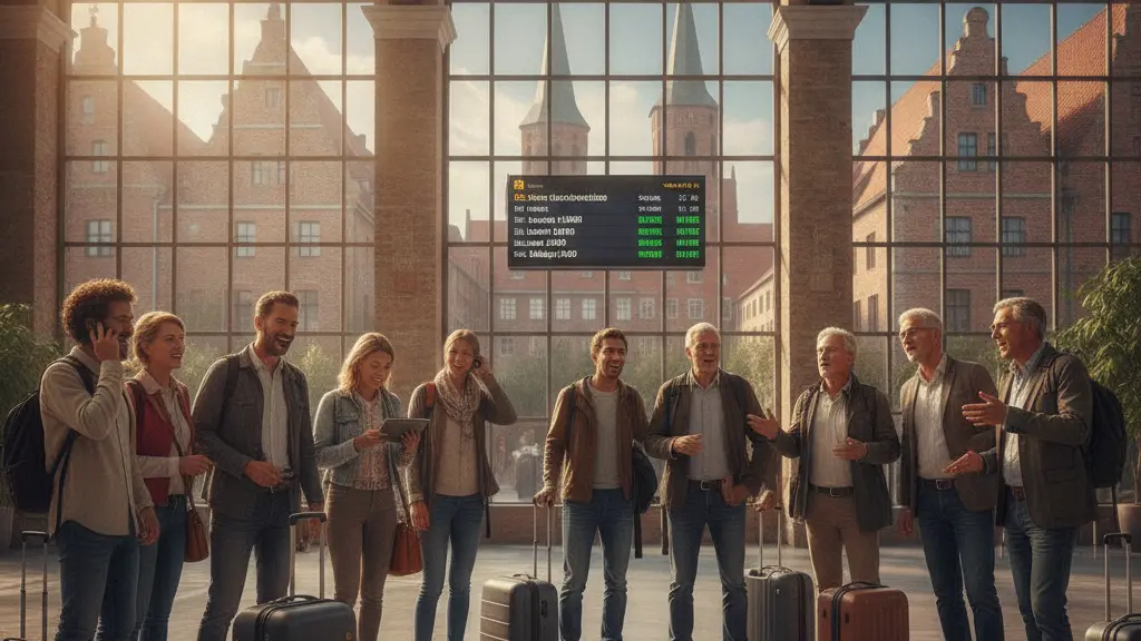 A diverse group of travelers at Lübeck Airport expressing hope and determination amidst recent flight cancellations, with the distinctive architecture of Lübeck visible in the background.