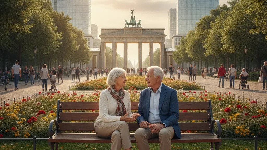An elderly couple in modern attire sitting on a park bench in Berlin, engaged in a hopeful conversation, with the Brandenburg Gate and skyscrapers in the background, symbolizing the dialogue around social reform and community.