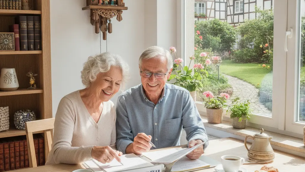An elderly couple sitting at a kitchen table reviewing health insurance documents, surrounded by elements of German culture including a cuckoo clock and traditional architecture outside the window, conveying a sense of optimism about their future.