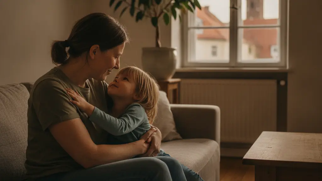 A photorealistic image of a German mother and her child embracing on a sofa, bathed in warm window light, conveying relief and security in their modest but well-kept apartment, symbolizing the immediate, scaled-back housing benefit cuts in Germany.