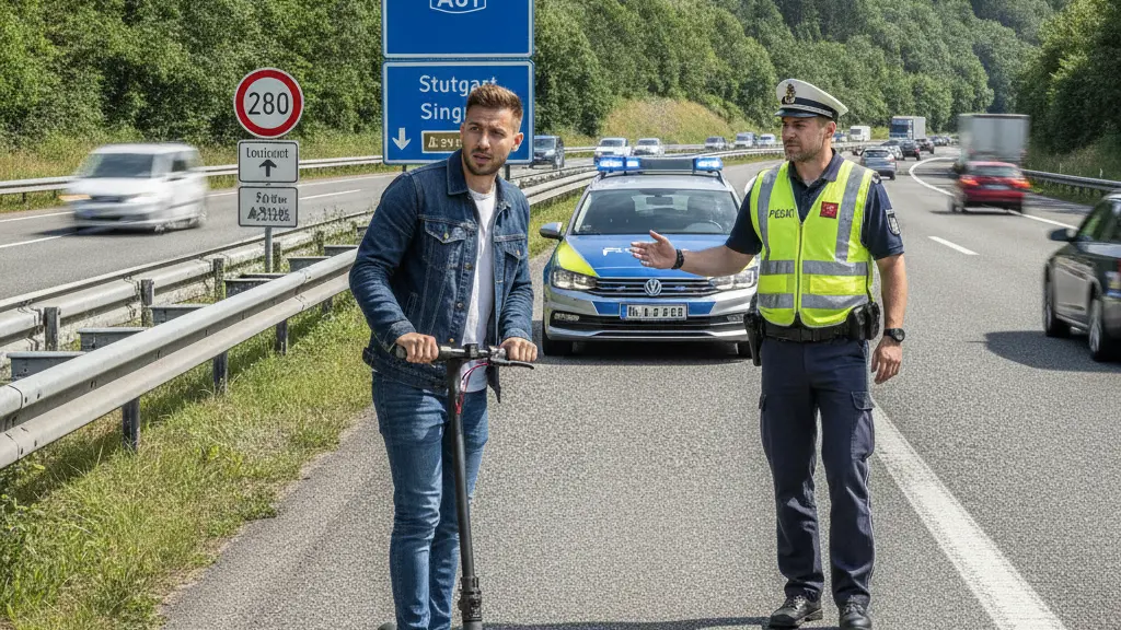 A young man on an electric scooter being pulled over by a police officer on the A81 autobahn, highlighting themes of road safety and traffic violations.