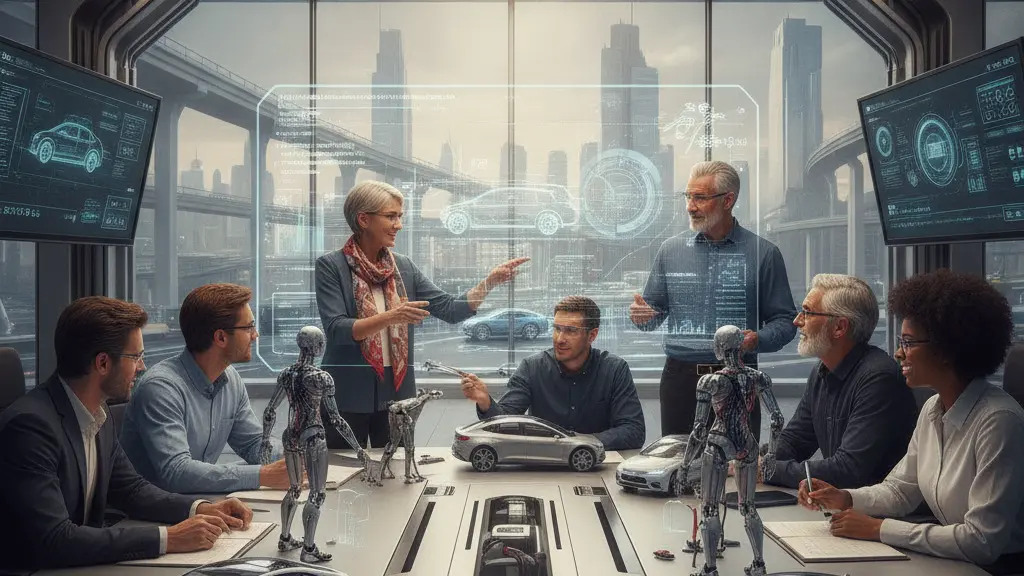 A diverse group of engineers and technicians brainstorming in a modern workspace, with prototypes of electric vehicles and humanoid robots on the table, symbolizing collaboration and innovation in the automotive industry.
