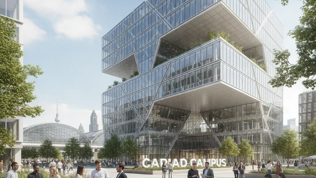 A photorealistic image of the new VW Software Campus in Berlin, featuring a modern architectural building surrounded by a vibrant urban landscape with recognizable Berlin landmarks, showcasing individuals engaged in collaborative activities, symbolizing innovation in artificial intelligence and the automotive industry.