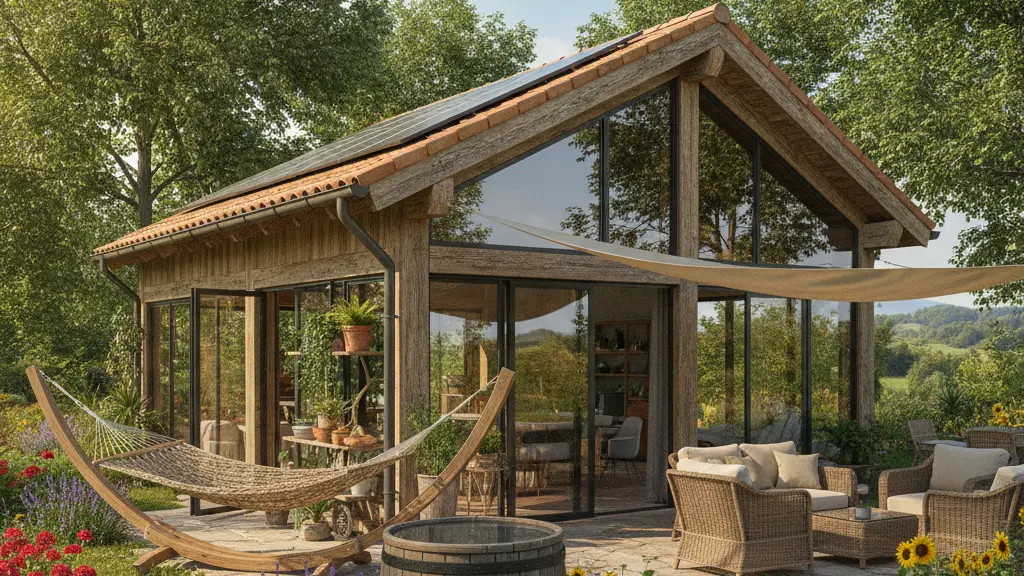 A modern eco-friendly home designed for summer cooling, featuring large windows, solar panels, and surrounded by lush greenery in a sunny landscape.
