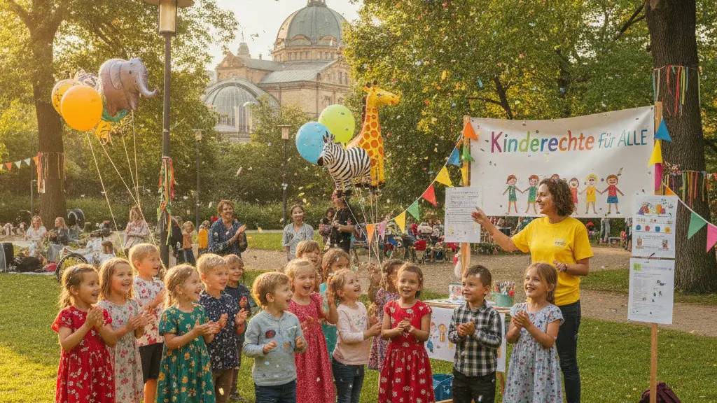 A vibrant Children's Day celebration in a park in Leipzig, showcasing diverse children participating in a rally, the backdrop includes the Leipzig Zoo, colorful decorations, and a joyful atmosphere.