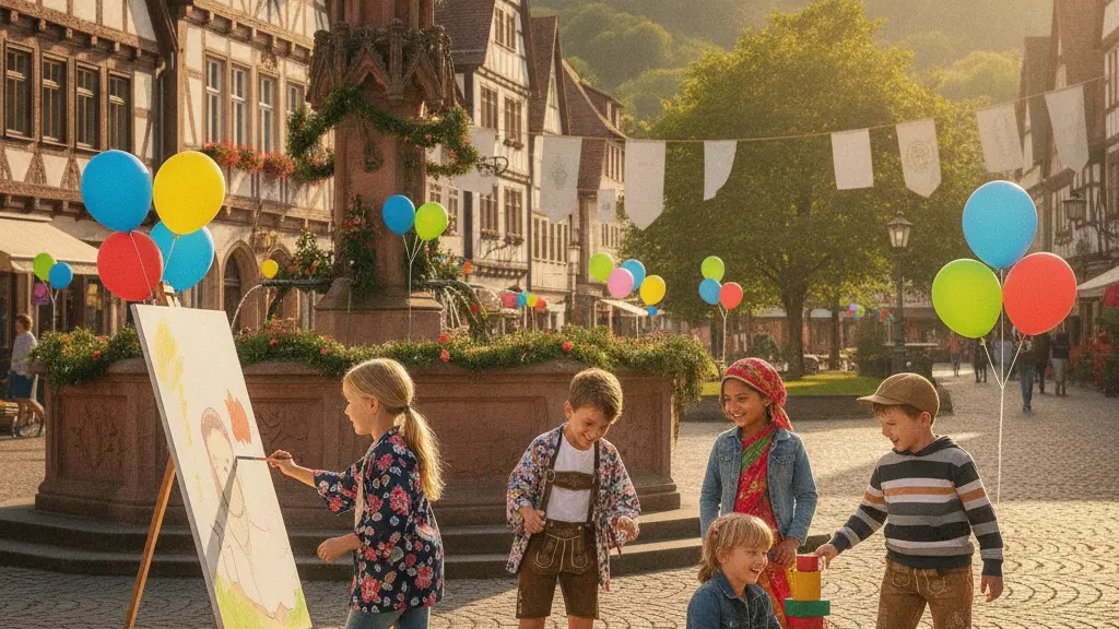 A diverse group of children joyfully celebrating World Children's Day 2026 in a German town square, engaging in creative activities and festive play under bright sunlight.