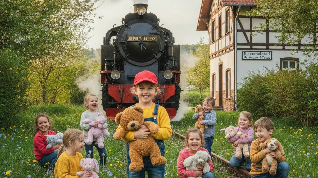 A joyful scene during Children's Day at Chemnitztal-Express, featuring a smiling child holding a teddy bear, surrounded by other children with their stuffed animals, with a historic steam train in the background and a lush spring landscape.