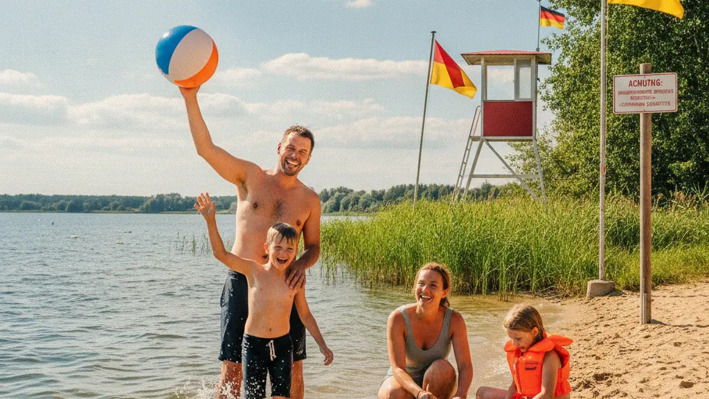 A happy family of four enjoying a sunny day at a beach in Germany, with children playing in shallow water and building a sandcastle while parent supervises, surrounded by recognizable beach infrastructure and safety signs.