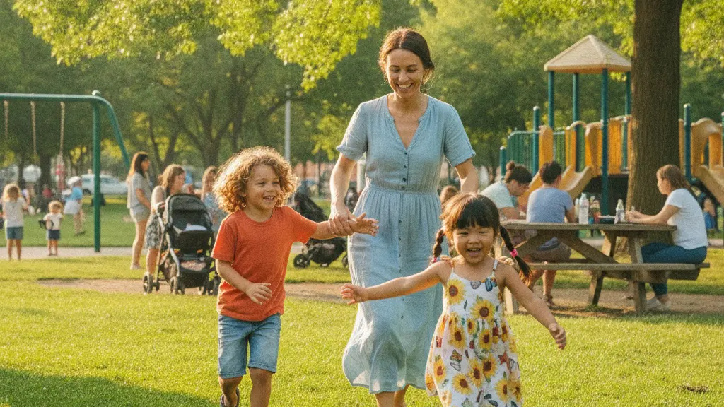 A mother and her two children enjoying a sunny day in a park, capturing the spirit of family togetherness during summer breaks.