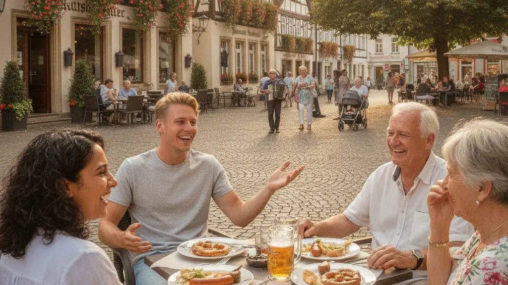 A peaceful scene at Augustinerplatz in Bad Langensalza, Germany, featuring a diverse group of friends enjoying a meal together outside a café, with traditional German architecture in the background, evoking a sense of community and joy.