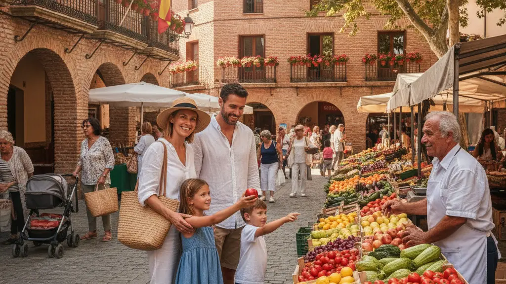 A family joyfully interacts with a local vendor in a bustling European market, surrounded by colorful fruits and traditional architecture, conveying community spirit and happiness.