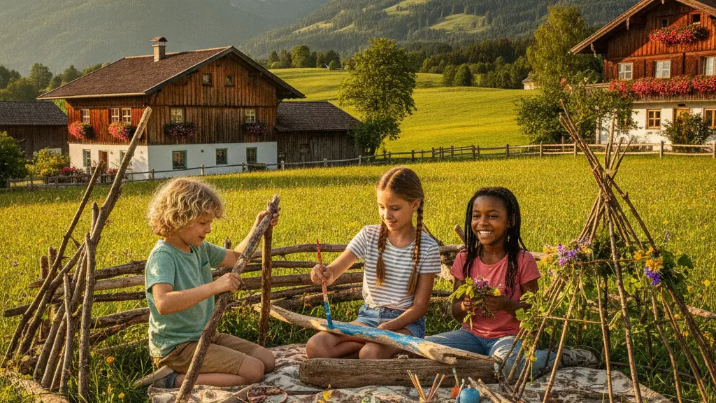 A group of diverse children at a summer camp in a rural Austrian setting, building a fort from natural materials, with traditional wooden houses and mountains in the background, reflecting joy and community in summer activities.