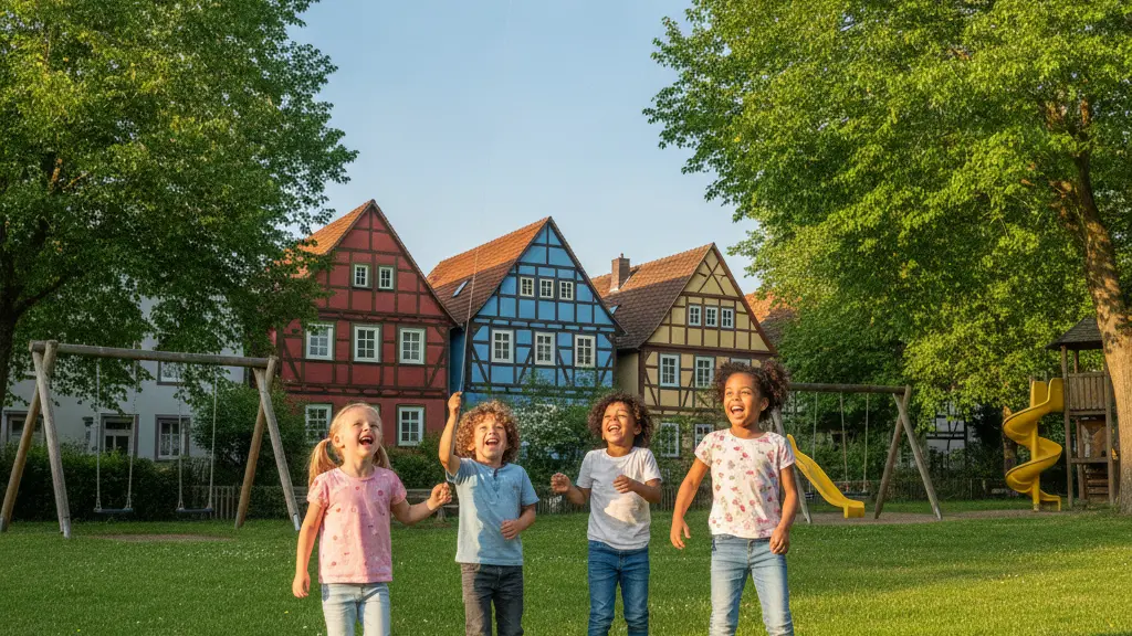 A group of three diverse children playing joyfully in a lush green park in Germany, flying a colorful kite. The scene captures expressions of happiness against a backdrop of traditional German houses and playground equipment, symbolizing the importance of child well-being.