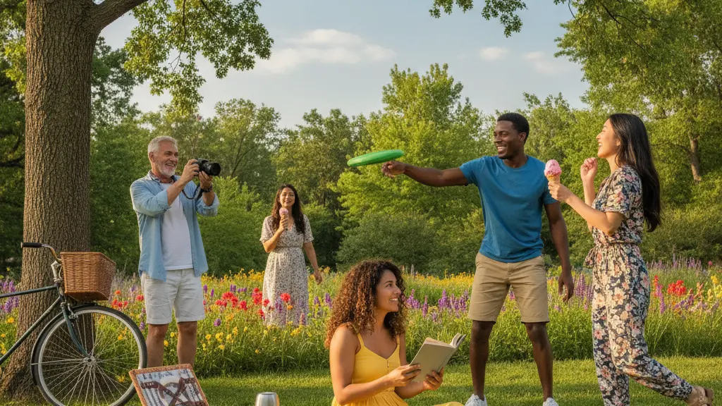 A diverse group of four people enjoying a sunny day in a park, symbolizing the uplifting concept of vacation freedom. They engage in various activities: reading, playing frisbee, taking photos, and enjoying ice cream, surrounded by lush greenery and a clear blue sky.