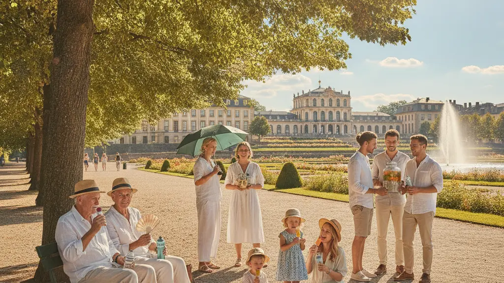 A diverse group of people in Ludwigsburg, Germany, enjoying a sunny day while taking precautions against the heat, like staying in shaded areas and drinking water, with the local Baroque architecture in the background.