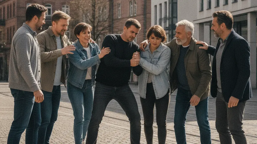 A photorealistic image showing a moment of community protection in a German city. In the center, a diverse group of bystanders has intervened to stop an aggressor, who is being restrained from behind. Two women, the victims, are being comforted and guided to safety by other compassionate individuals, their faces showing relief. The scene is set on a bustling street with historic German architecture and modern buildings, under bright daylight. The image conveys civil courage and solidarity.