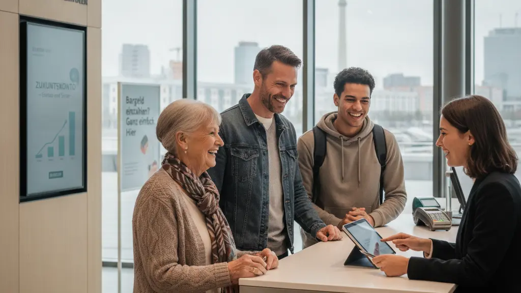 A diverse group of three individuals joyfully interacting with a bank teller at a modern bank, representing contemporary banking experiences in Germany.